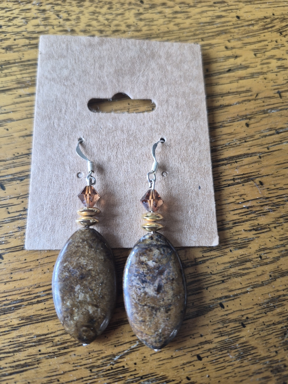 Natural Brown Stone Drop Earrings with Amber Crystal Accents